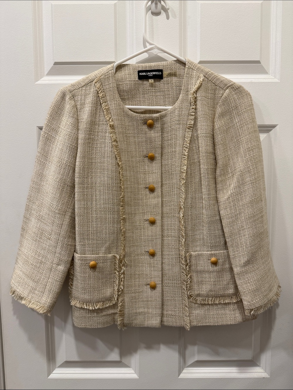 Karl Lagerfeld Cream Tweed Fringe-Trim Button Jacket